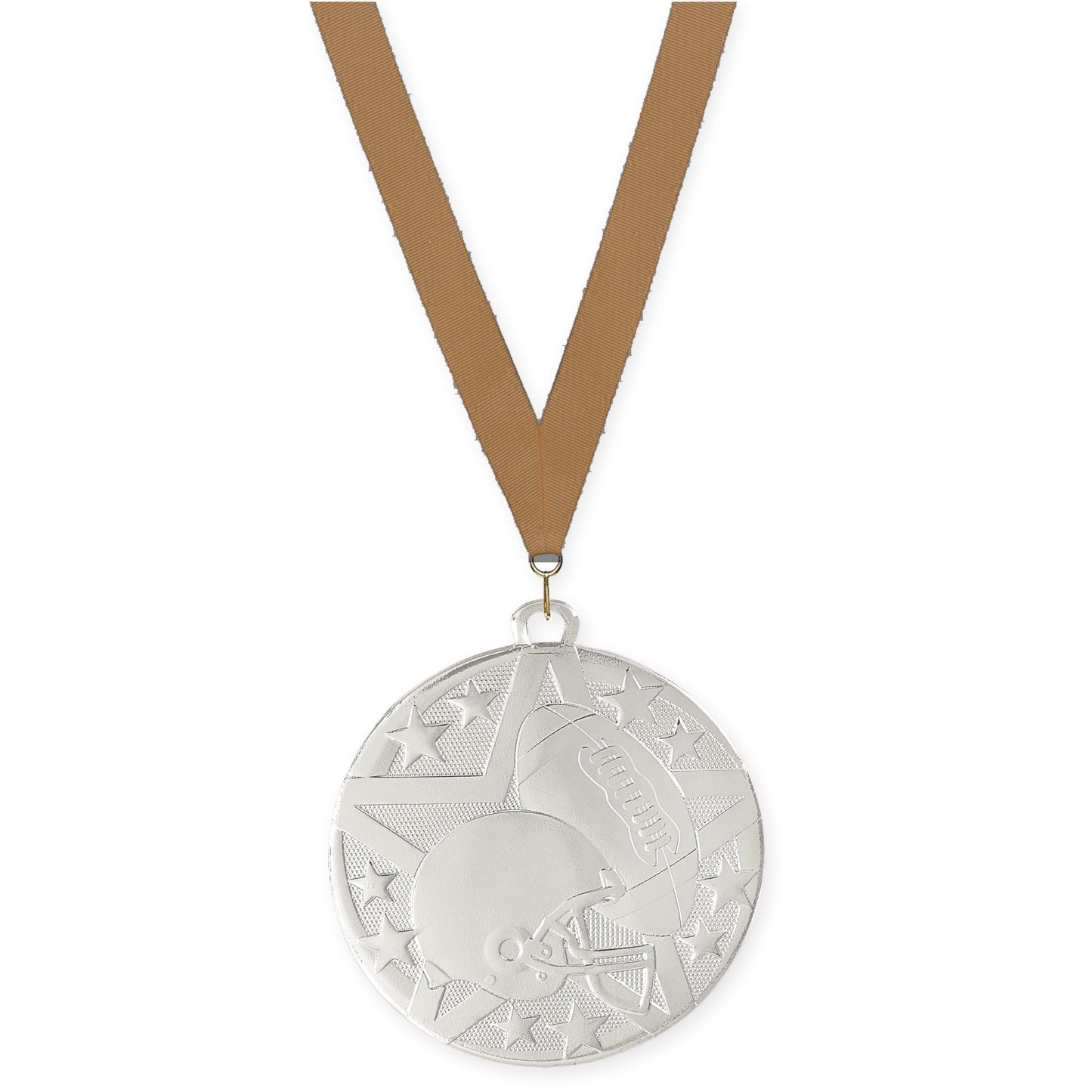 2 inch football Superstar medal in bright silver with Bronze Metallic neck ribbon