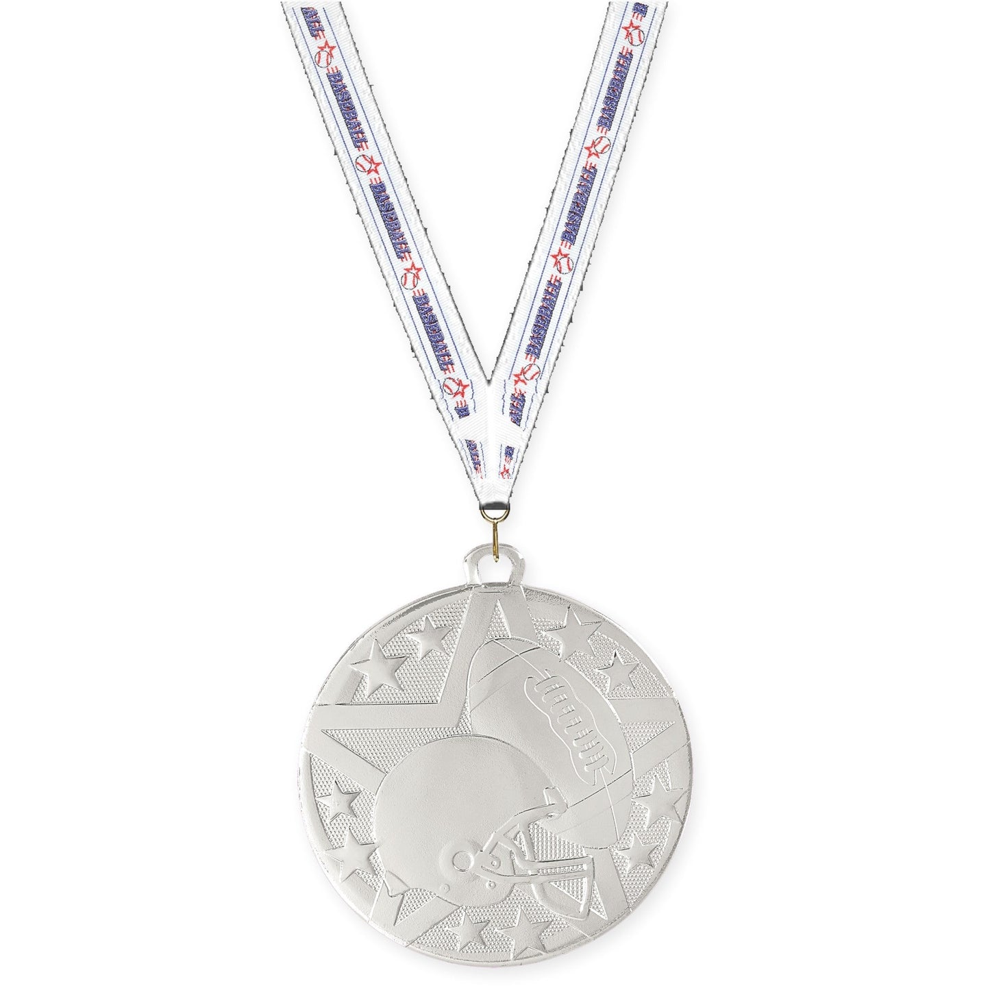 2 inch football Superstar medal in bright silver with Baseball neck ribbon