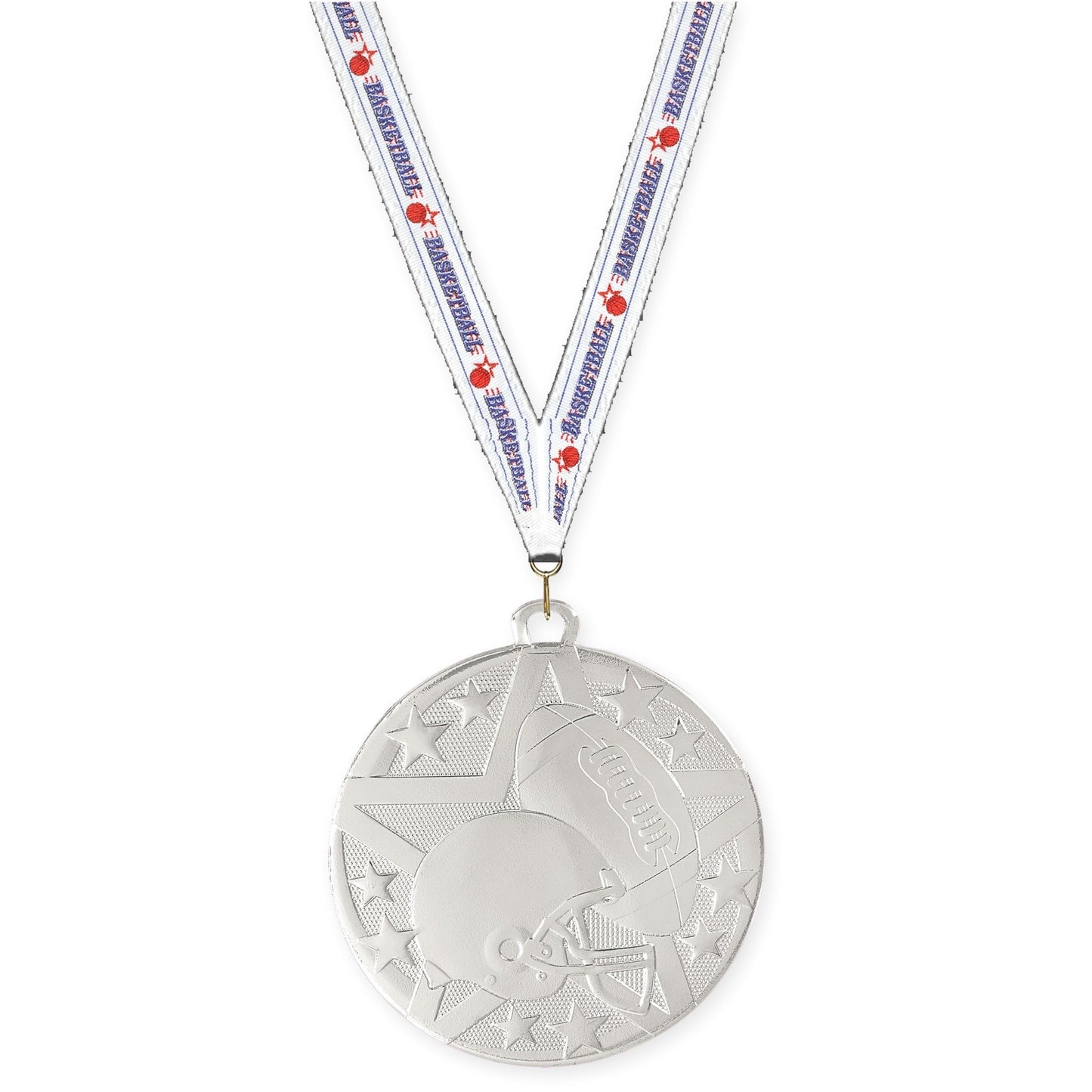 2 inch football Superstar medal in bright silver with Basketball neck ribbon
