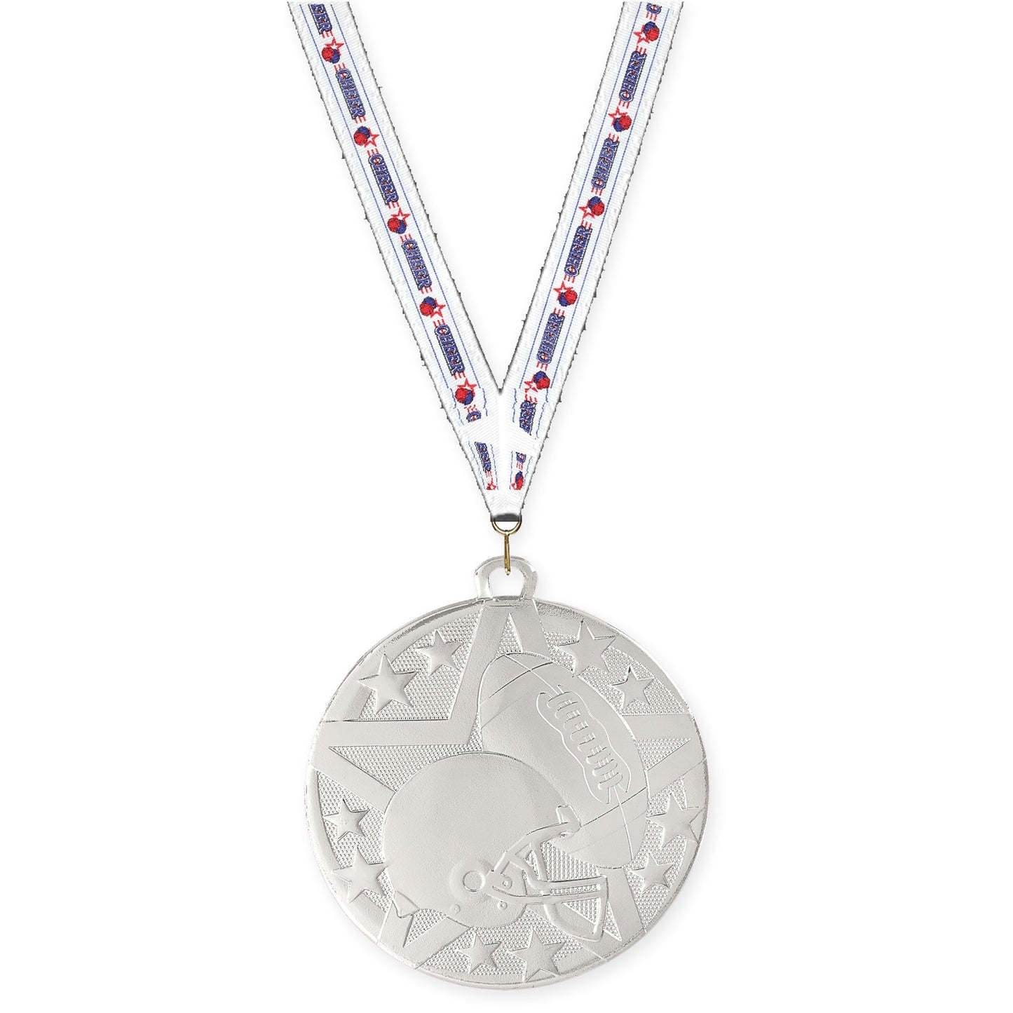 2 inch football Superstar medal in bright silver with Cheerleading neck ribbon