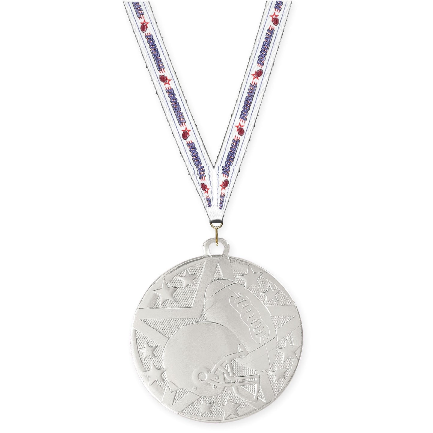 2 inch football Superstar medal in bright silver with Football neck ribbon