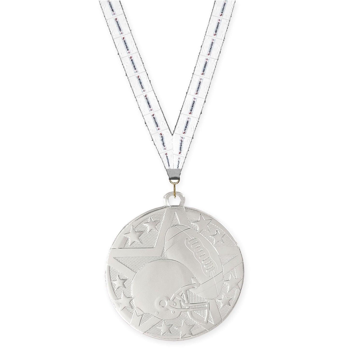 2 inch football Superstar medal in bright silver with Gymnastics neck ribbon