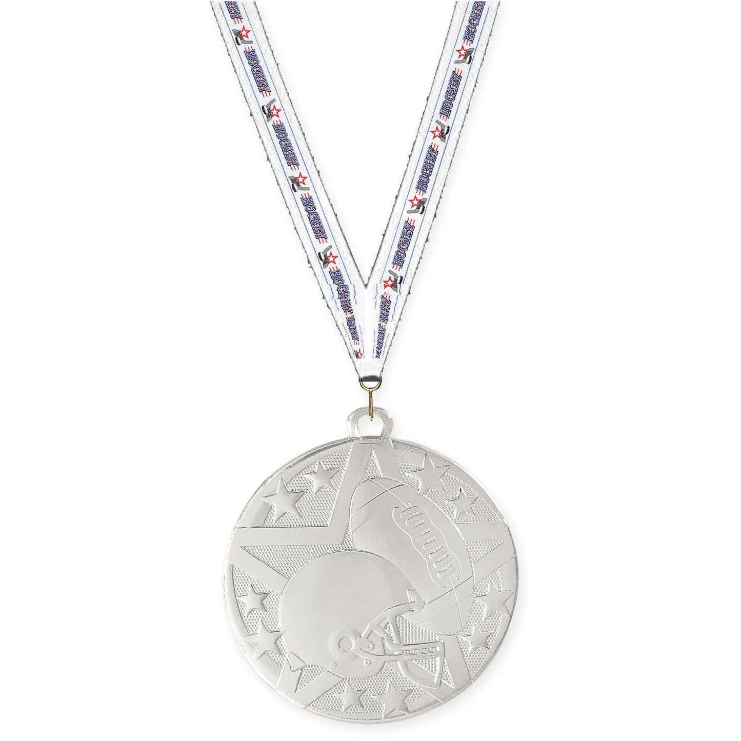 2 inch football Superstar medal in bright silver with Hockey neck ribbon