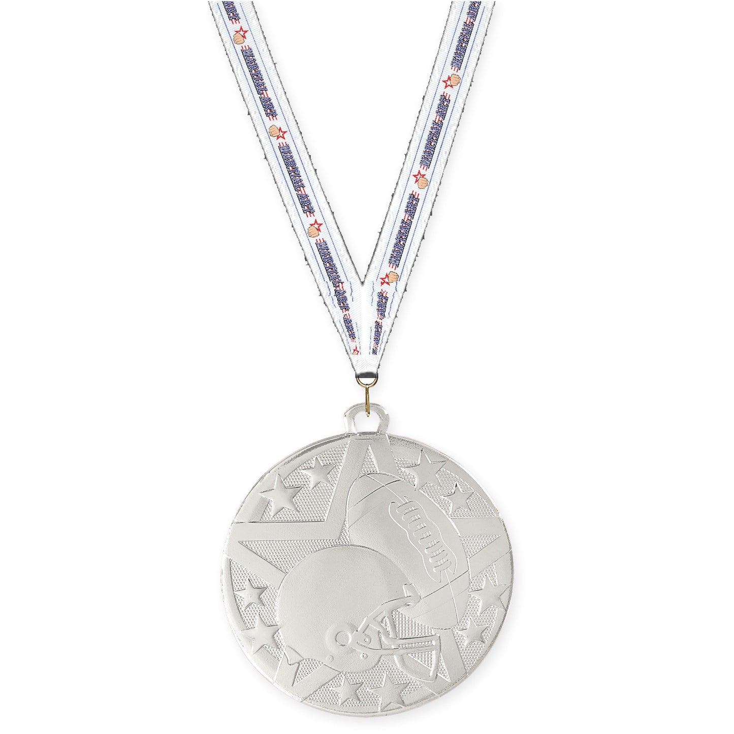 2 inch football Superstar medal in bright silver with Martial Arts neck ribbon