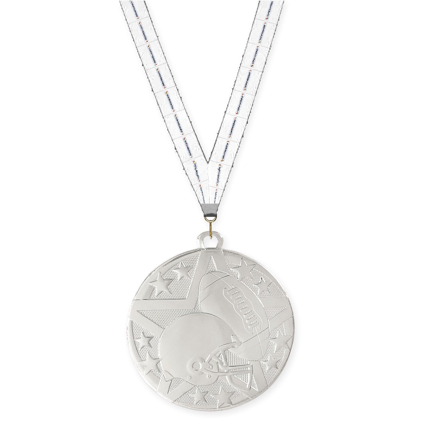 2 inch football Superstar medal in bright silver with Lamp Of Knowledge neck ribbon