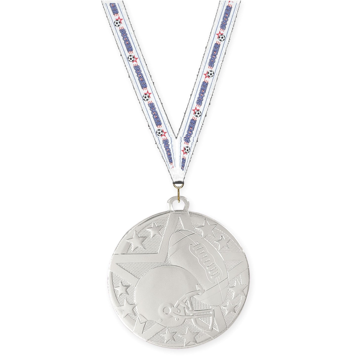 2 inch football Superstar medal in bright silver with Soccer neck ribbon