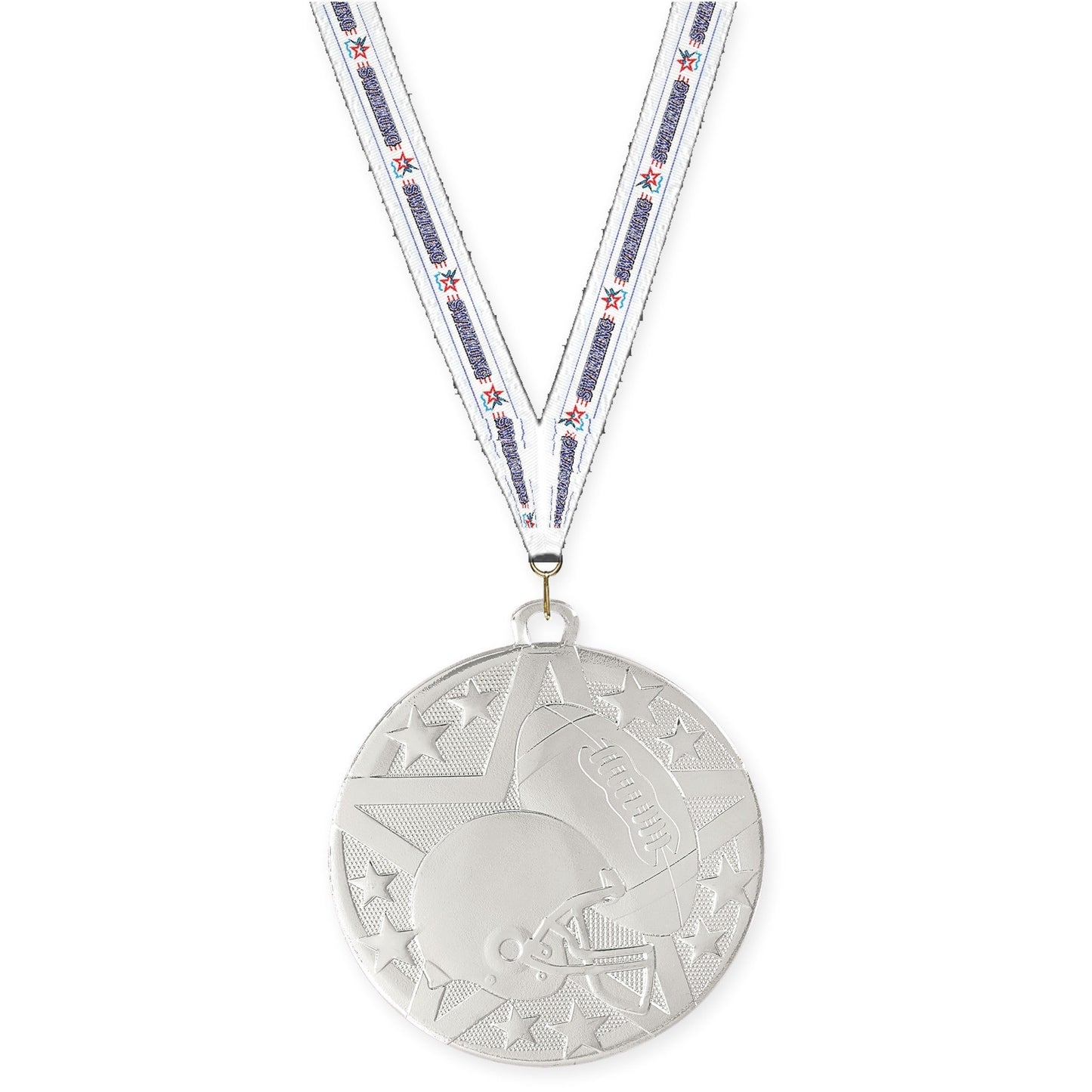 2 inch football Superstar medal in bright silver with Swimming neck ribbon