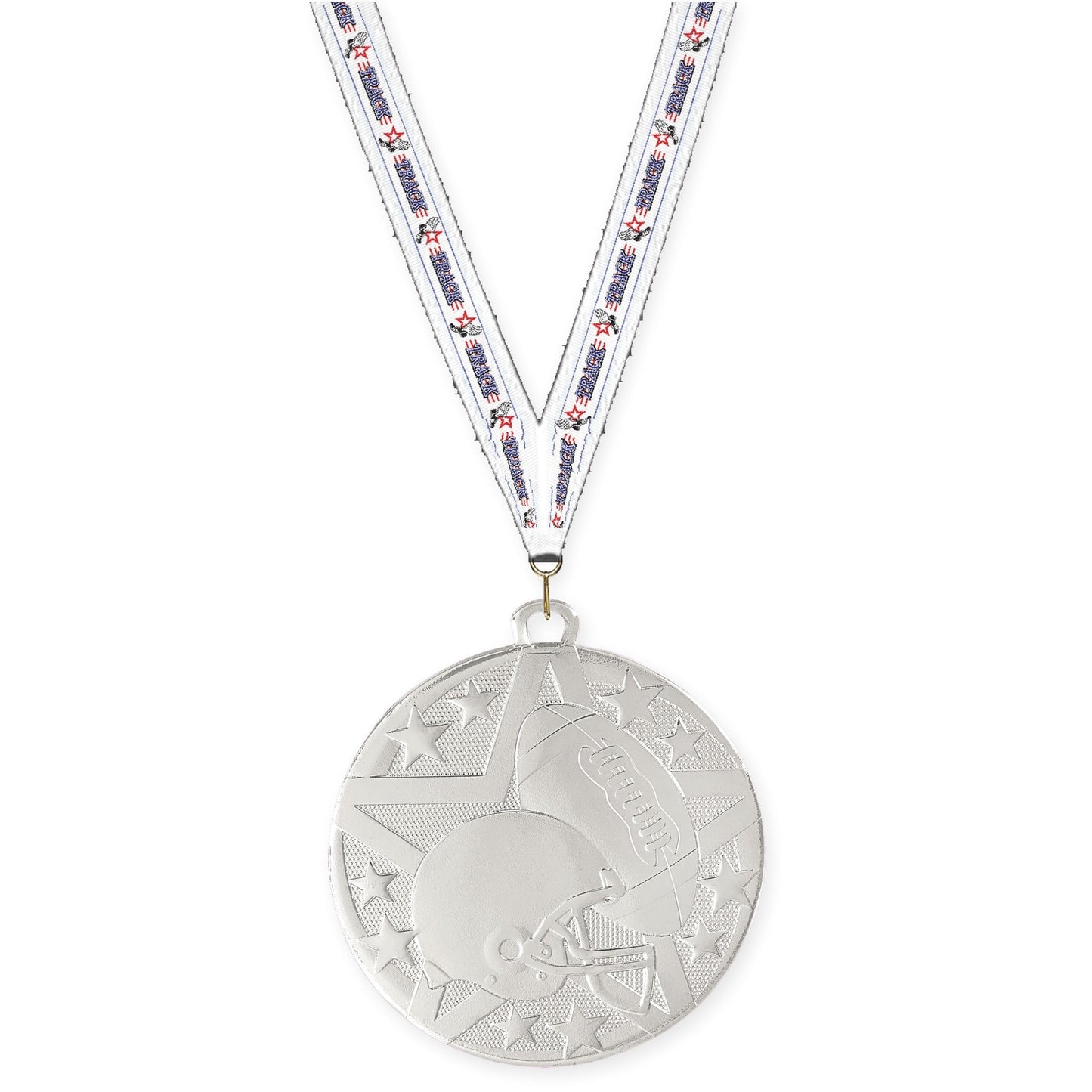 2 inch football Superstar medal in bright silver with Track neck ribbon