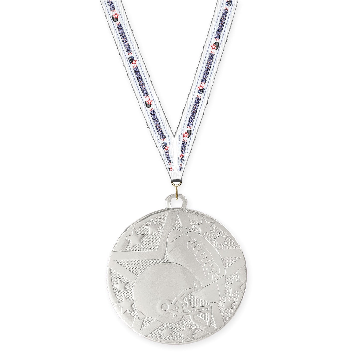2 inch football Superstar medal in bright silver with Wrestling neck ribbon
