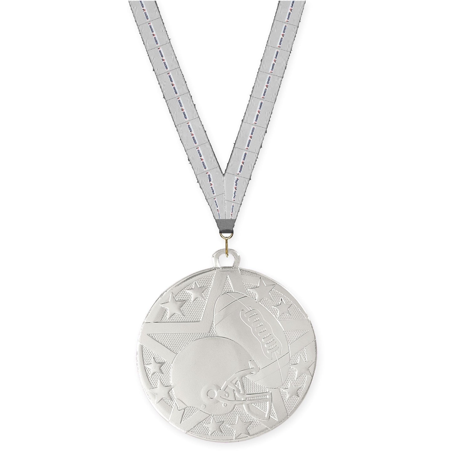 2 inch football Superstar medal in bright silver with Auto Racing neck ribbon