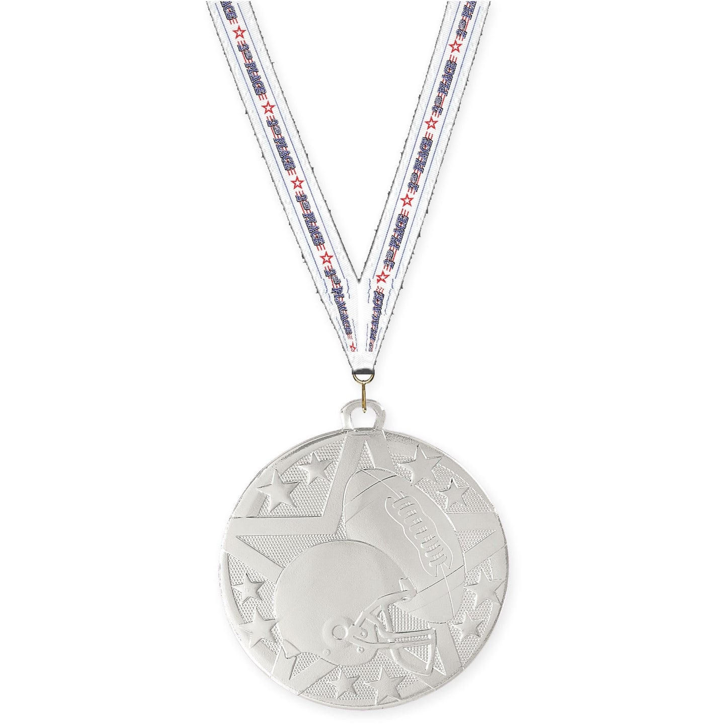 2 inch football Superstar medal in bright silver with 2nd Place neck ribbon
