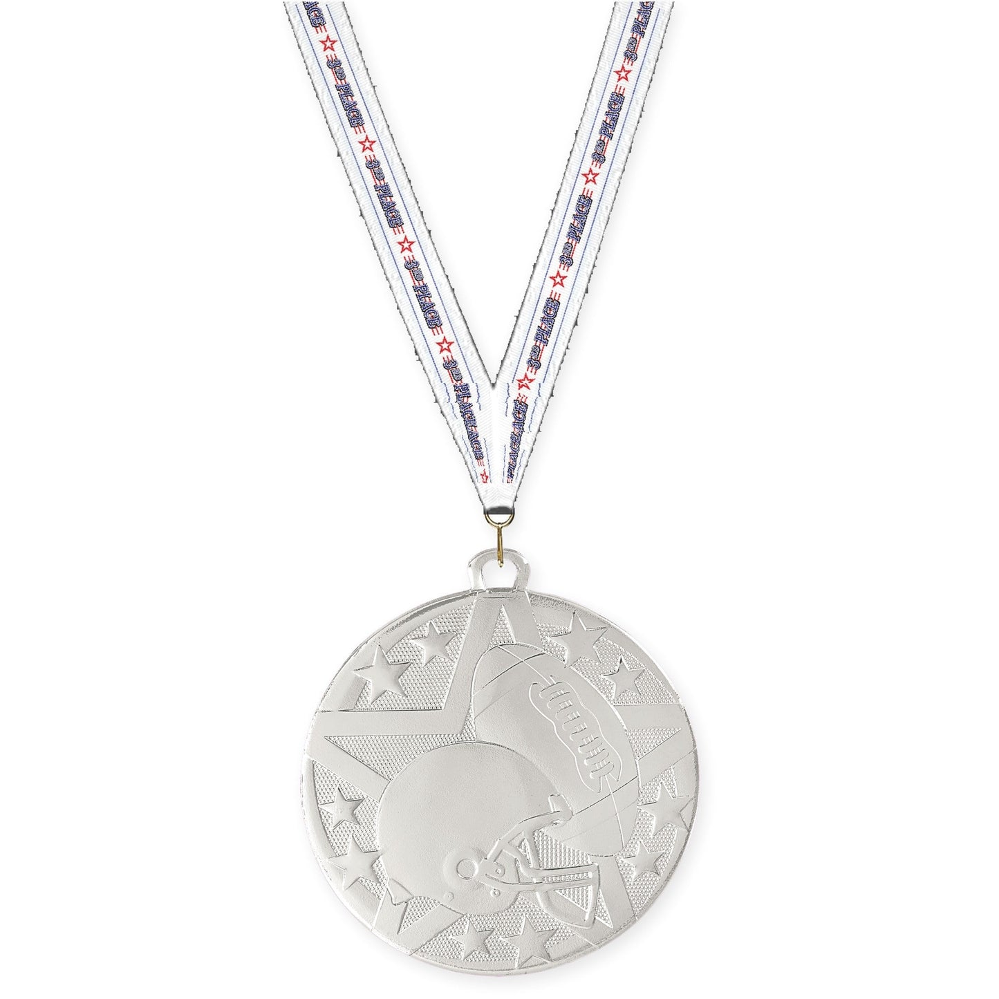 2 inch football Superstar medal in bright silver with 3rd Place neck ribbon