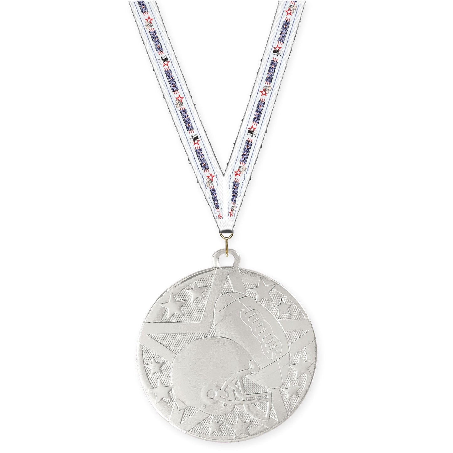 2 inch football Superstar medal in bright silver with Dance neck ribbon