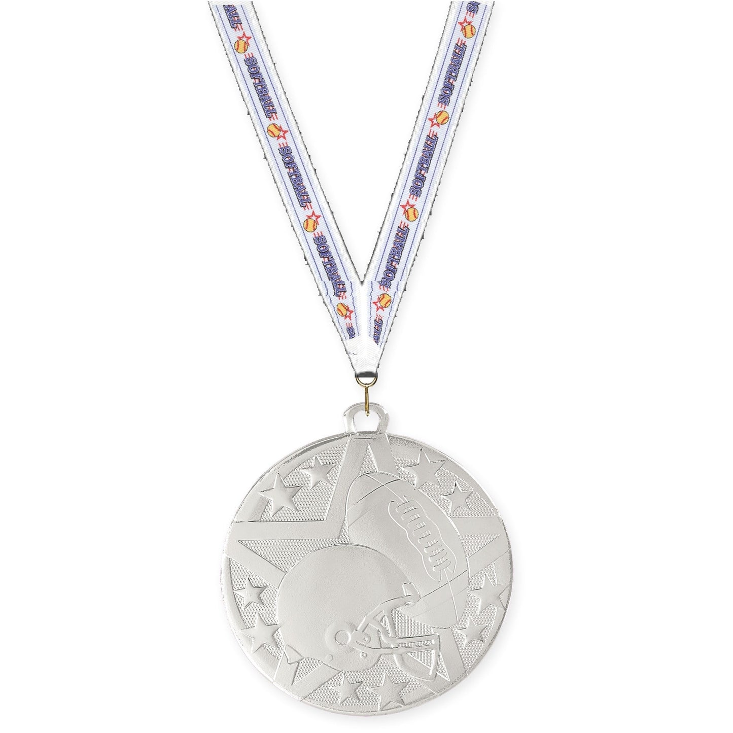 2 inch football Superstar medal in bright silver with Softball neck ribbon
