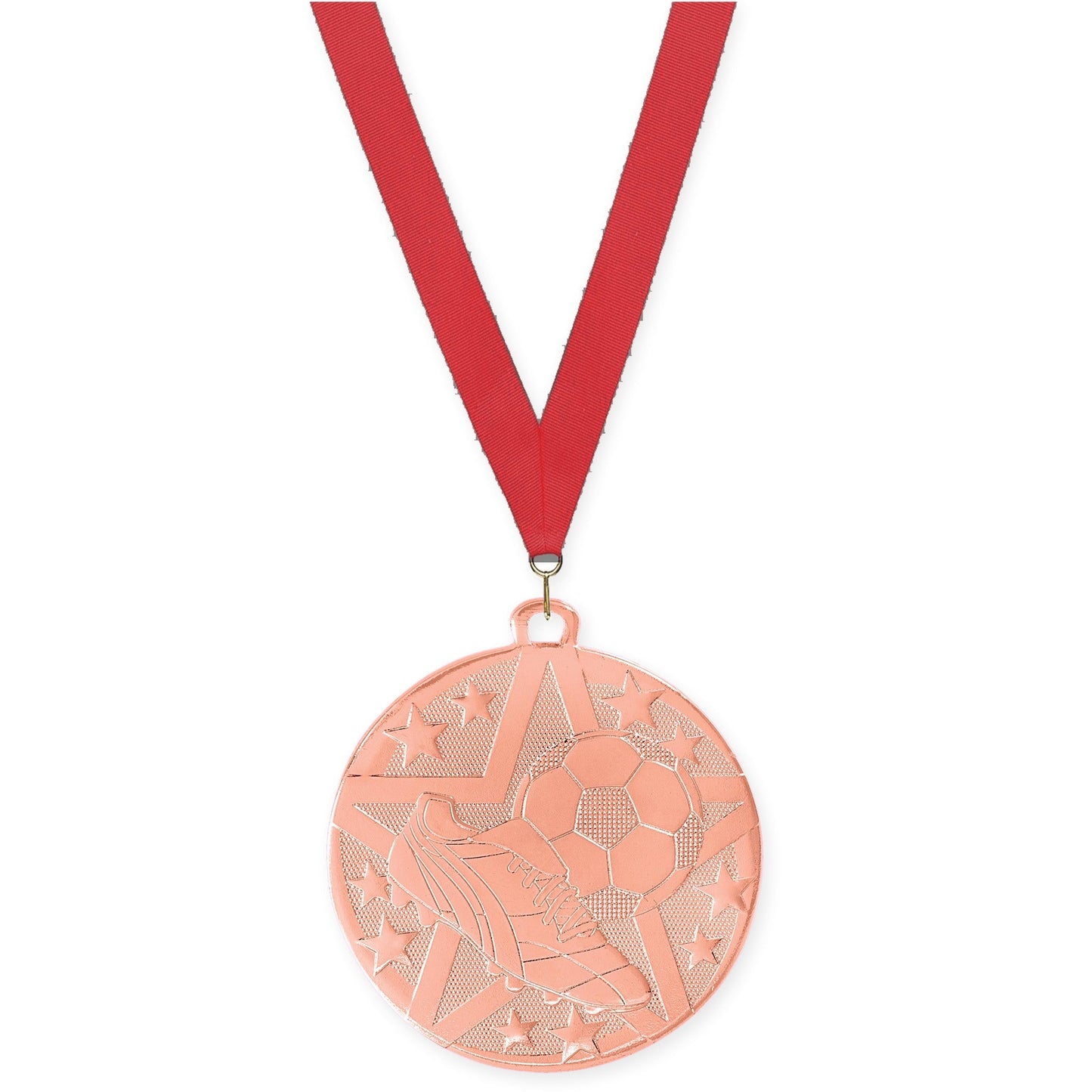 2 inch soccer Superstar medal in bronze with Red neck ribbon