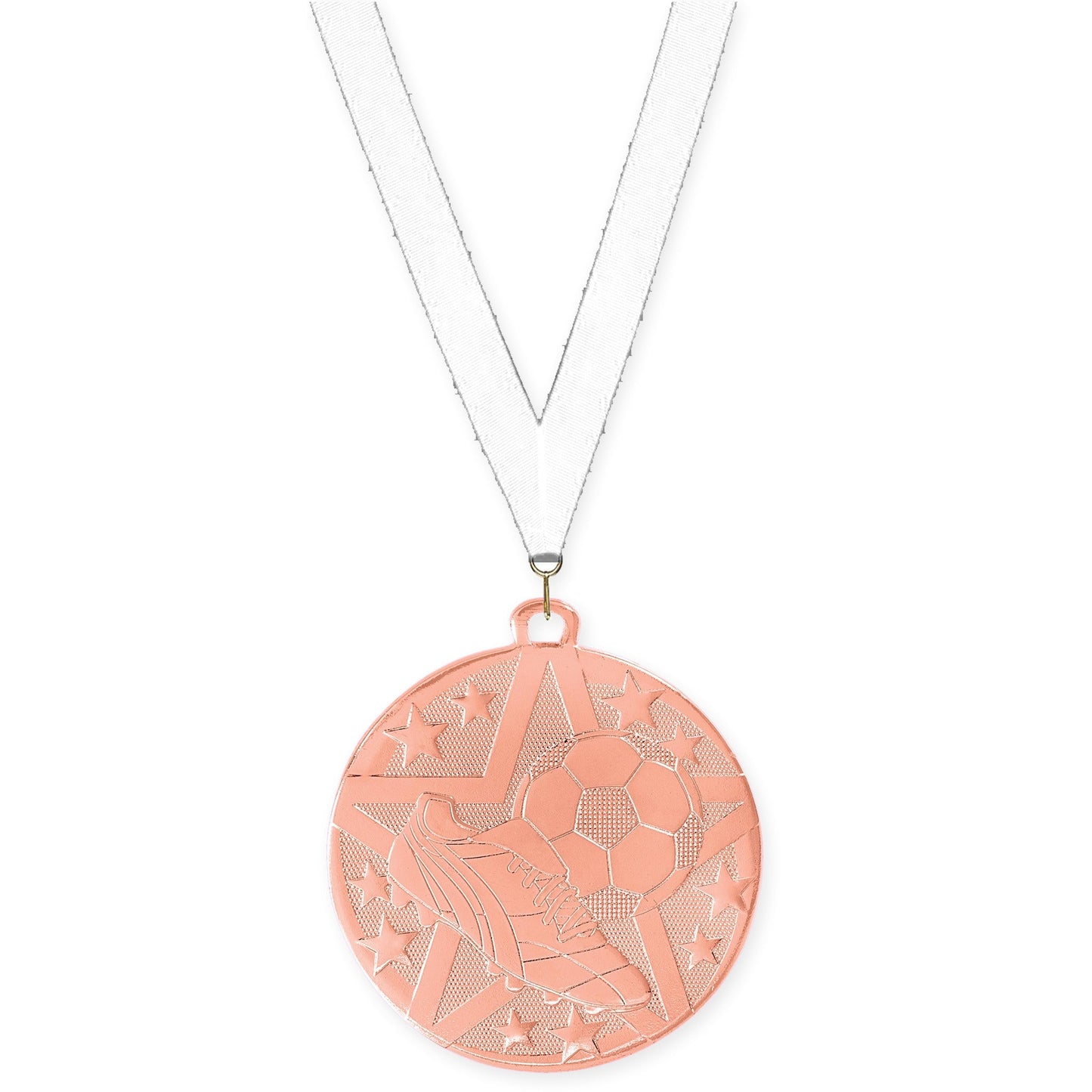2 inch soccer Superstar medal in bronze with White neck ribbon