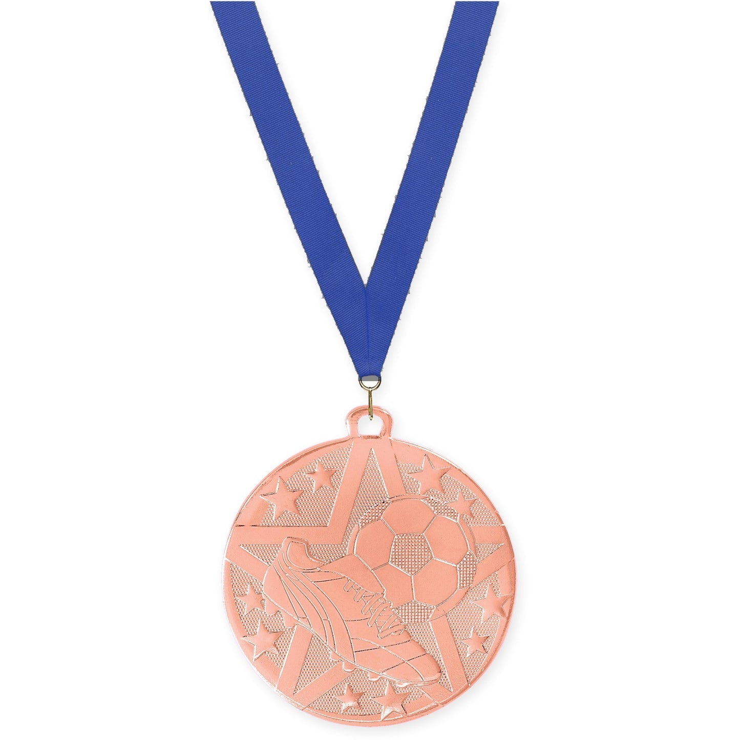 2 inch soccer Superstar medal in bronze with Blue neck ribbon