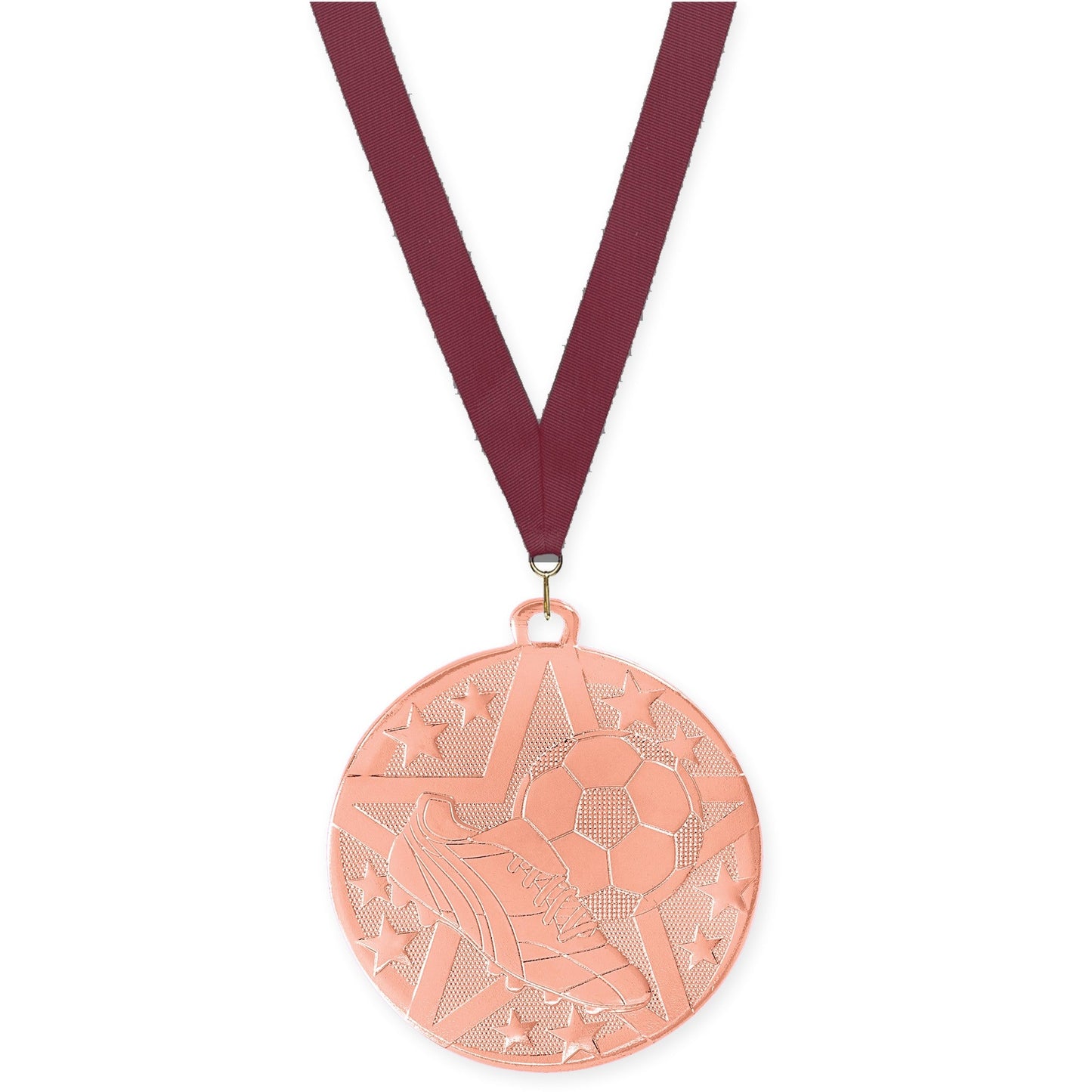 2 inch soccer Superstar medal in bronze with Maroon neck ribbon