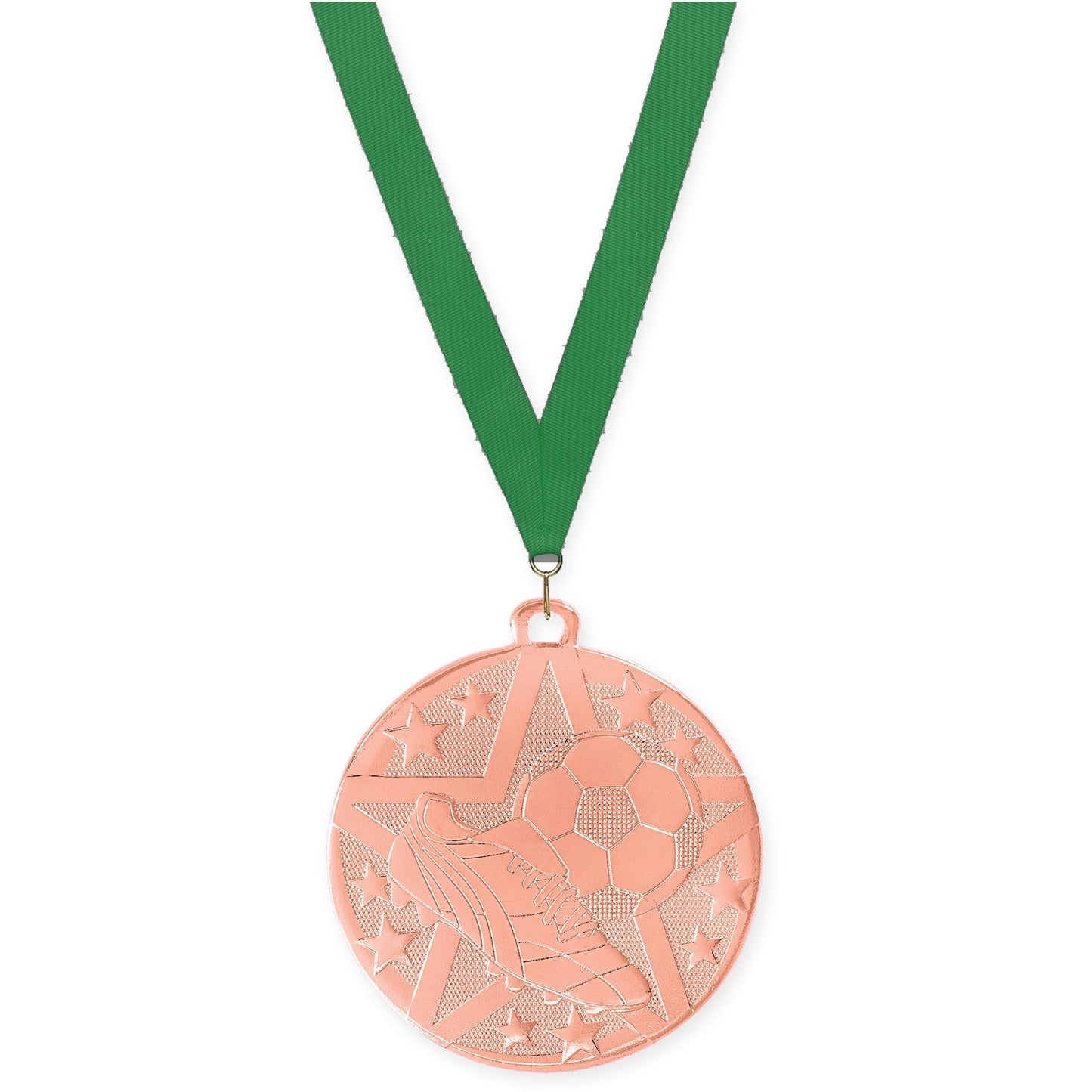 2 inch soccer Superstar medal in bronze with Green neck ribbon