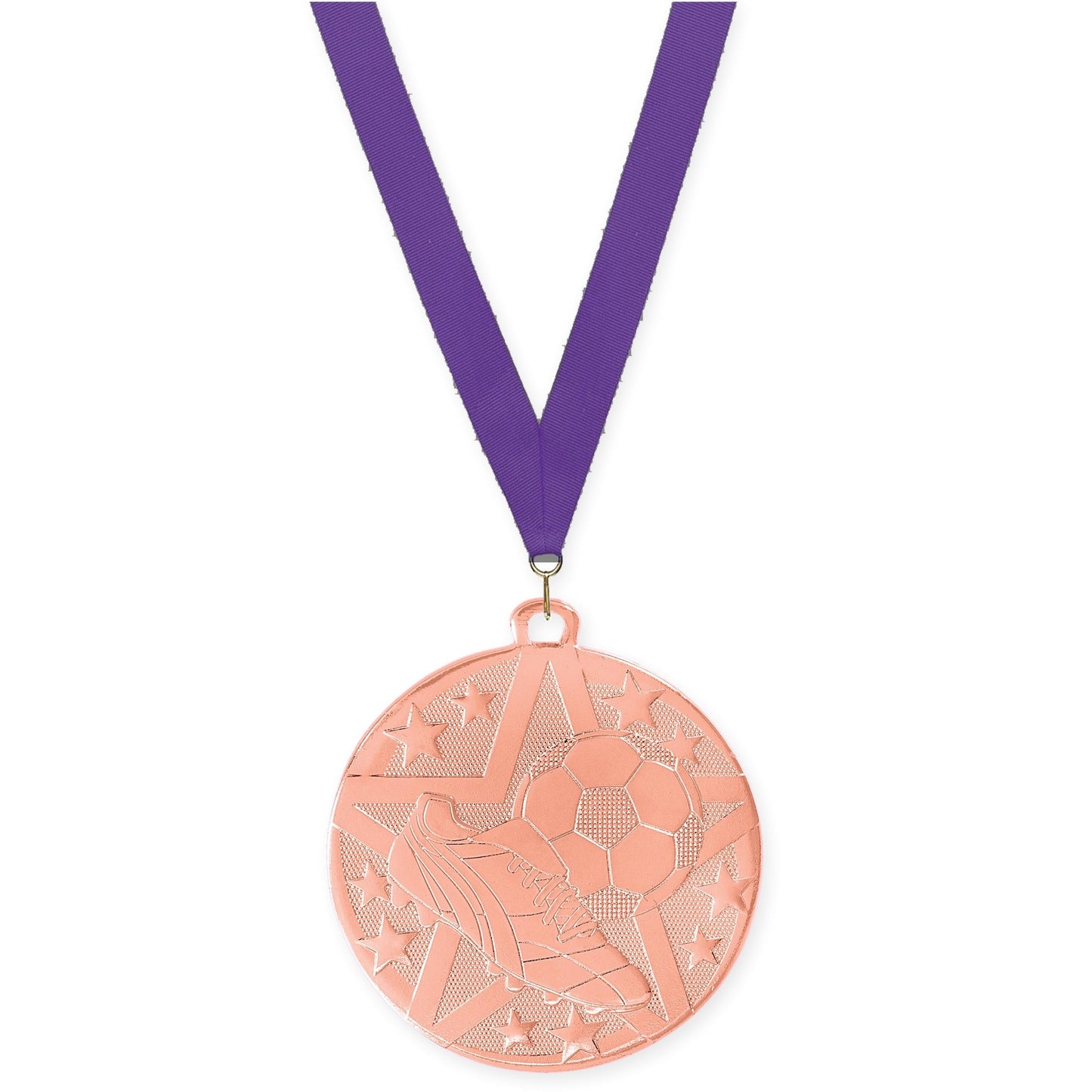 2 inch soccer Superstar medal in bronze with Purple neck ribbon