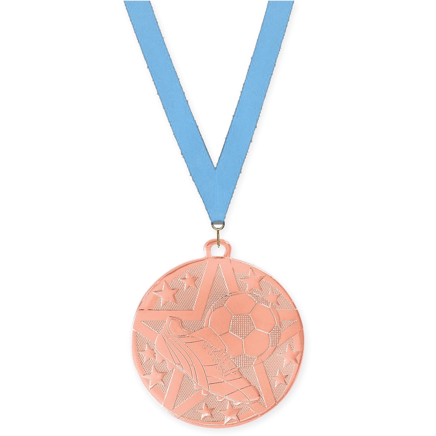 2 inch soccer Superstar medal in bronze with Light Blue neck ribbon