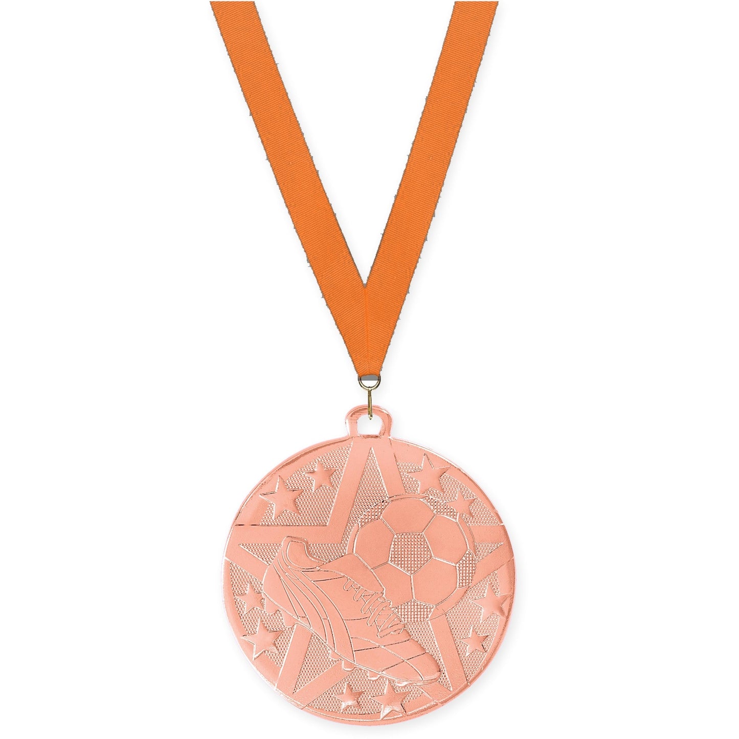 2 inch soccer Superstar medal in bronze with Orange neck ribbon
