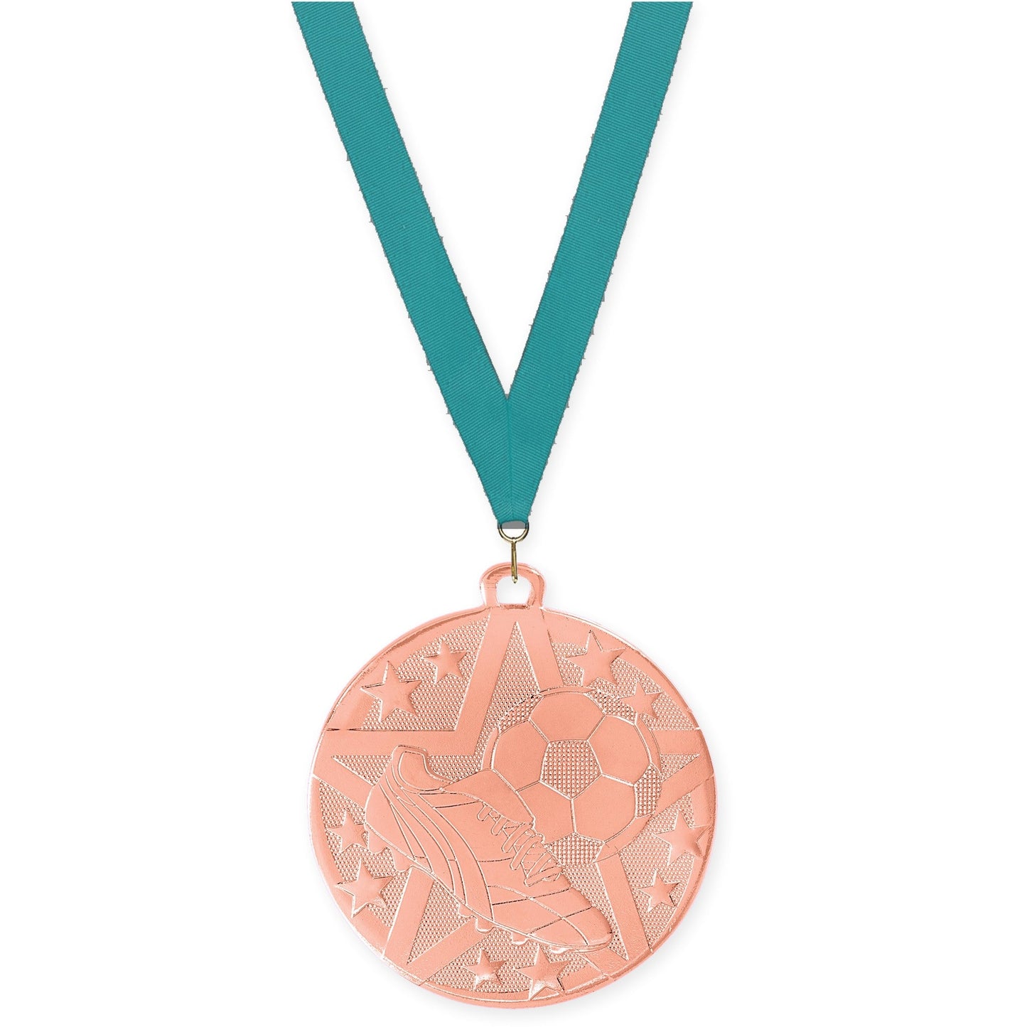 2 inch soccer Superstar medal in bronze with Teal neck ribbon