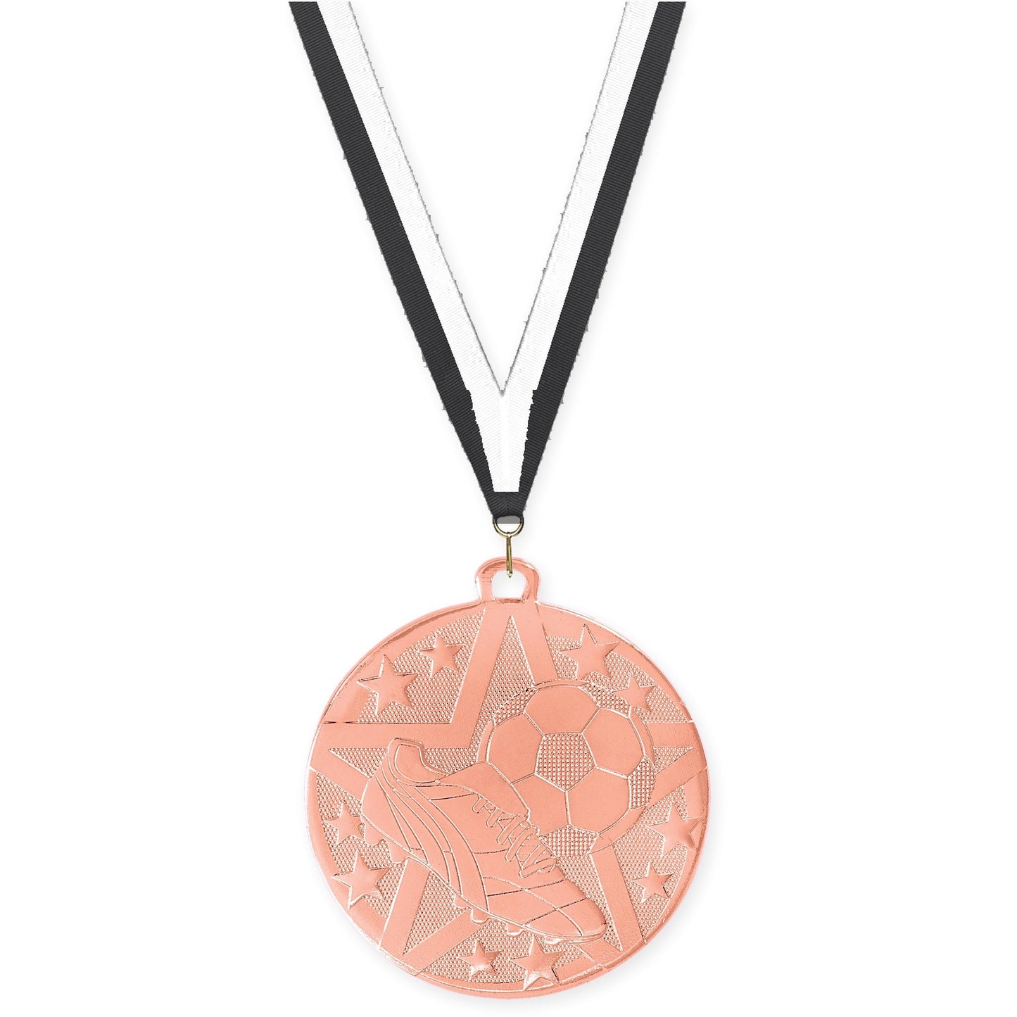 2 inch soccer Superstar medal in bronze with Black White neck ribbon
