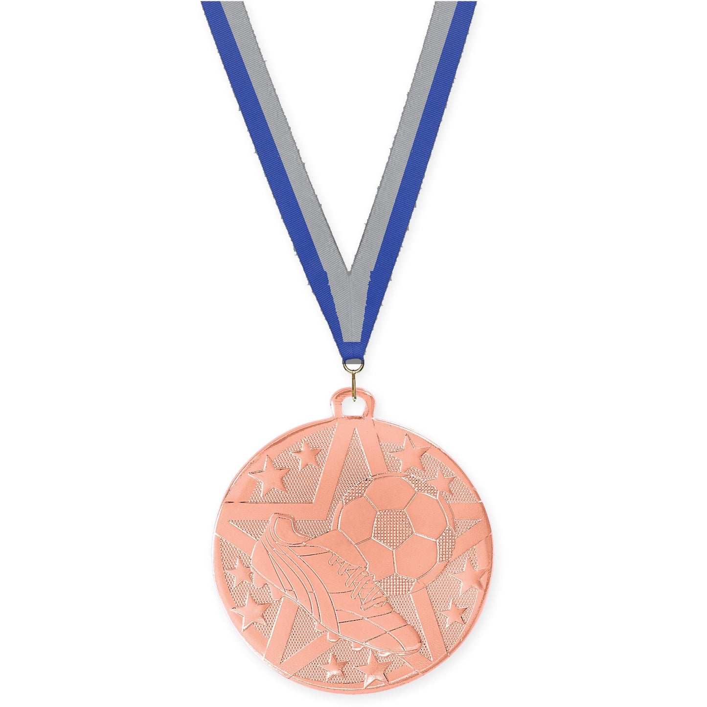 2 inch soccer Superstar medal in bronze with Blue Gray neck ribbon