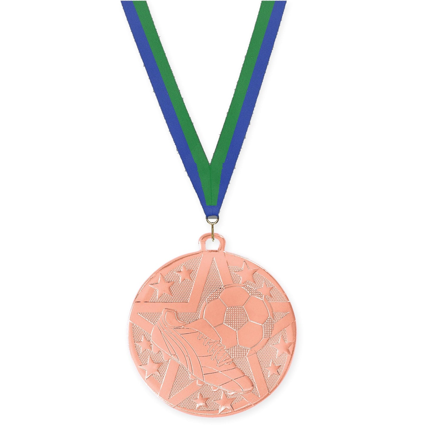 2 inch soccer Superstar medal in bronze with Blue Green neck ribbon