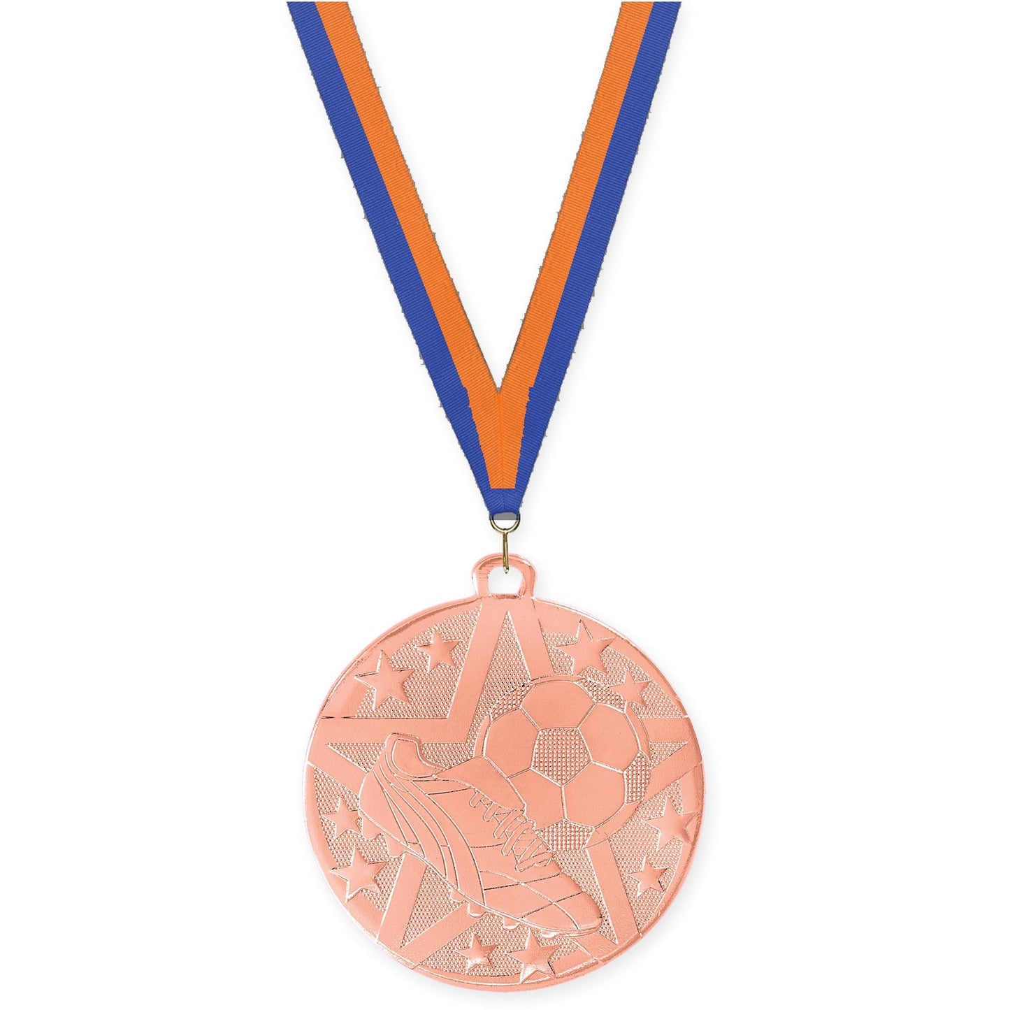 2 inch soccer Superstar medal in bronze with Blue Orange neck ribbon