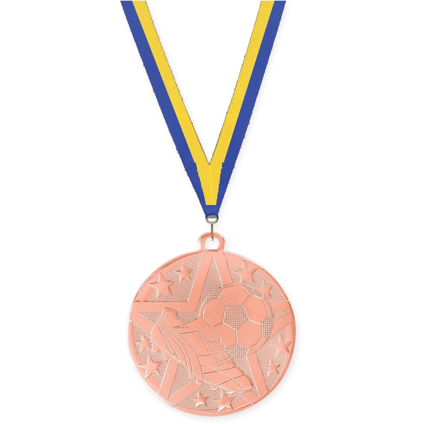 2 inch soccer Superstar medal in bronze with Blue Yellow neck ribbon
