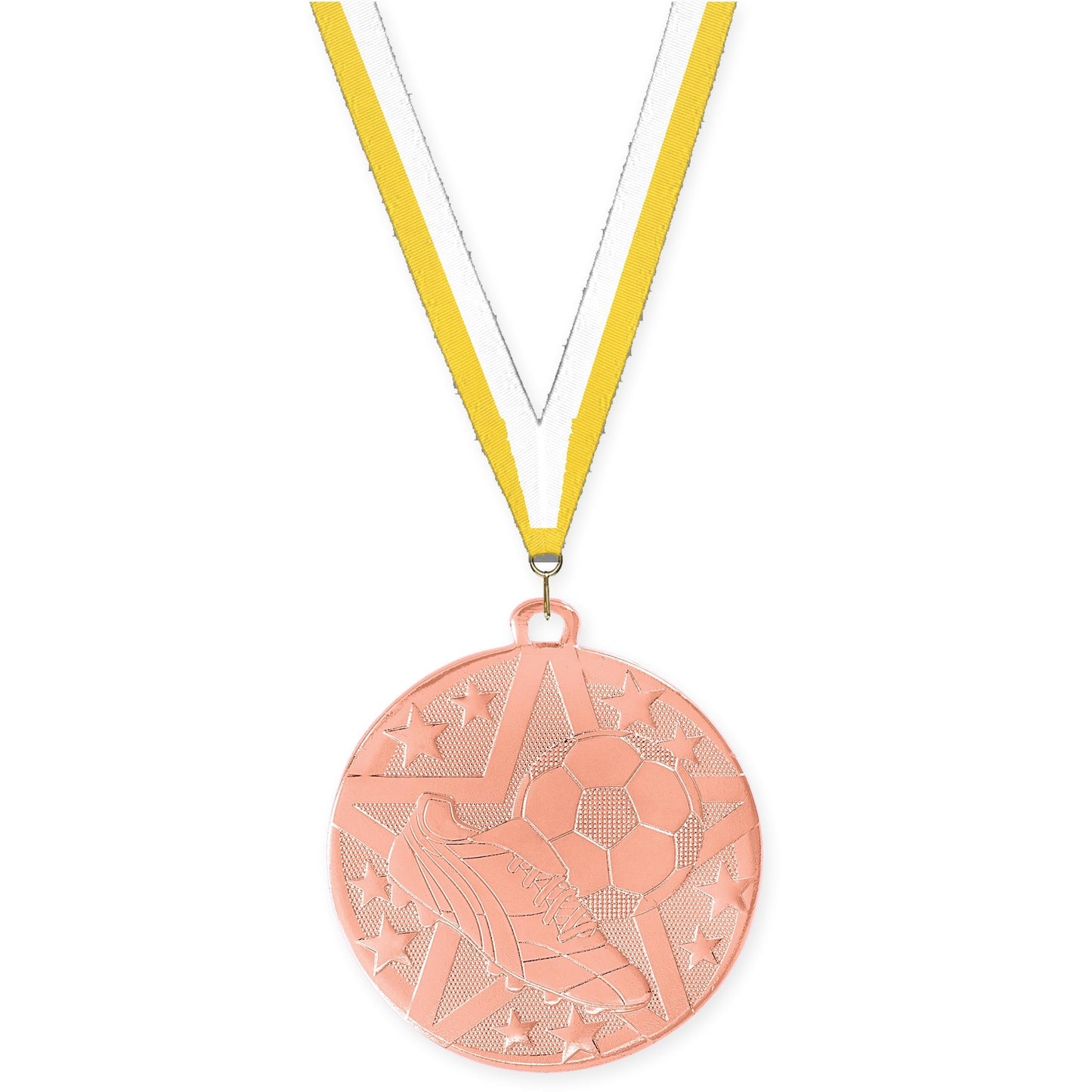 2 inch soccer Superstar medal in bronze with Yellow White neck ribbon