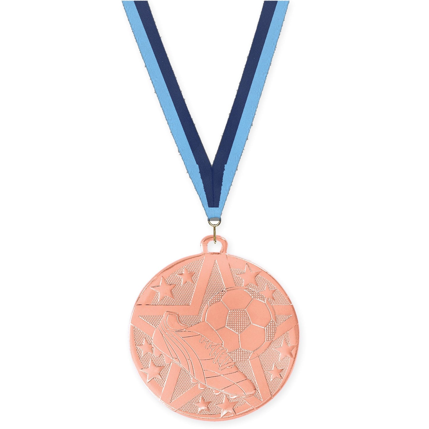 2 inch soccer Superstar medal in bronze with Light Blue Navy neck ribbon