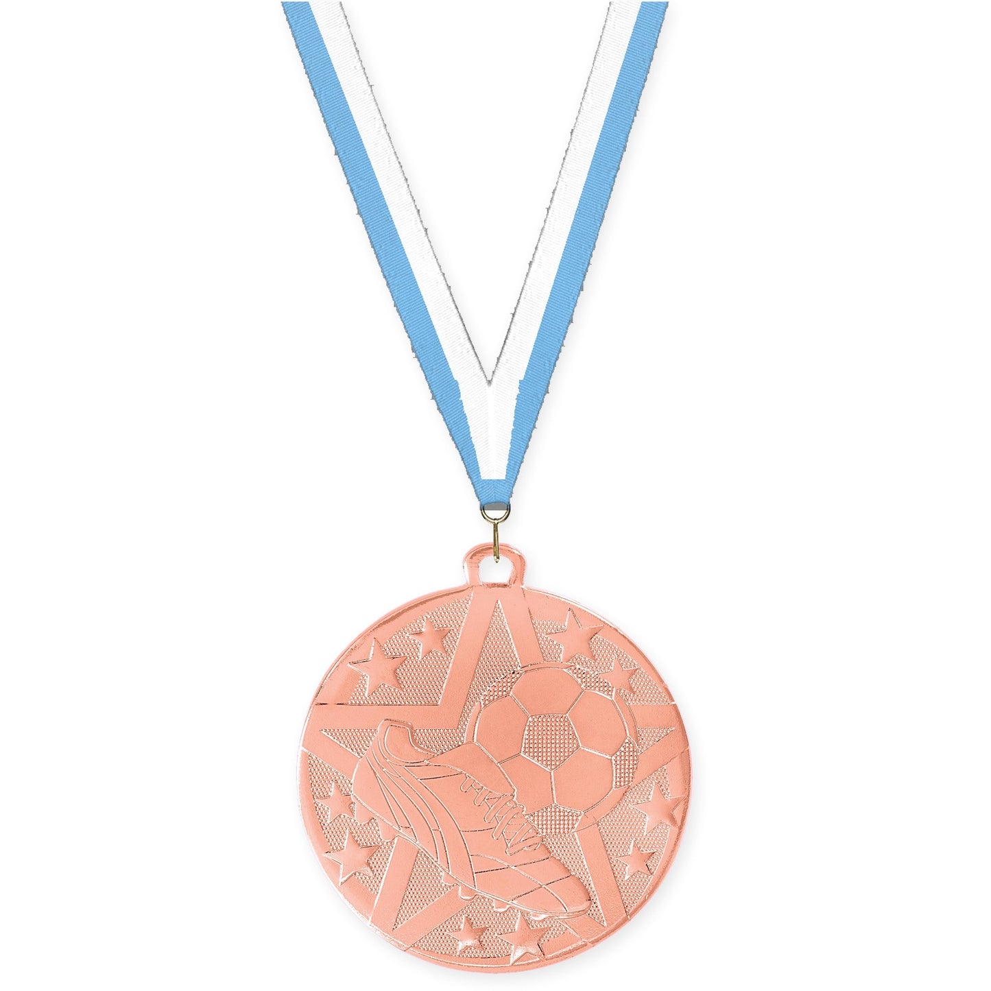 2 inch soccer Superstar medal in bronze with Light Blue White neck ribbon