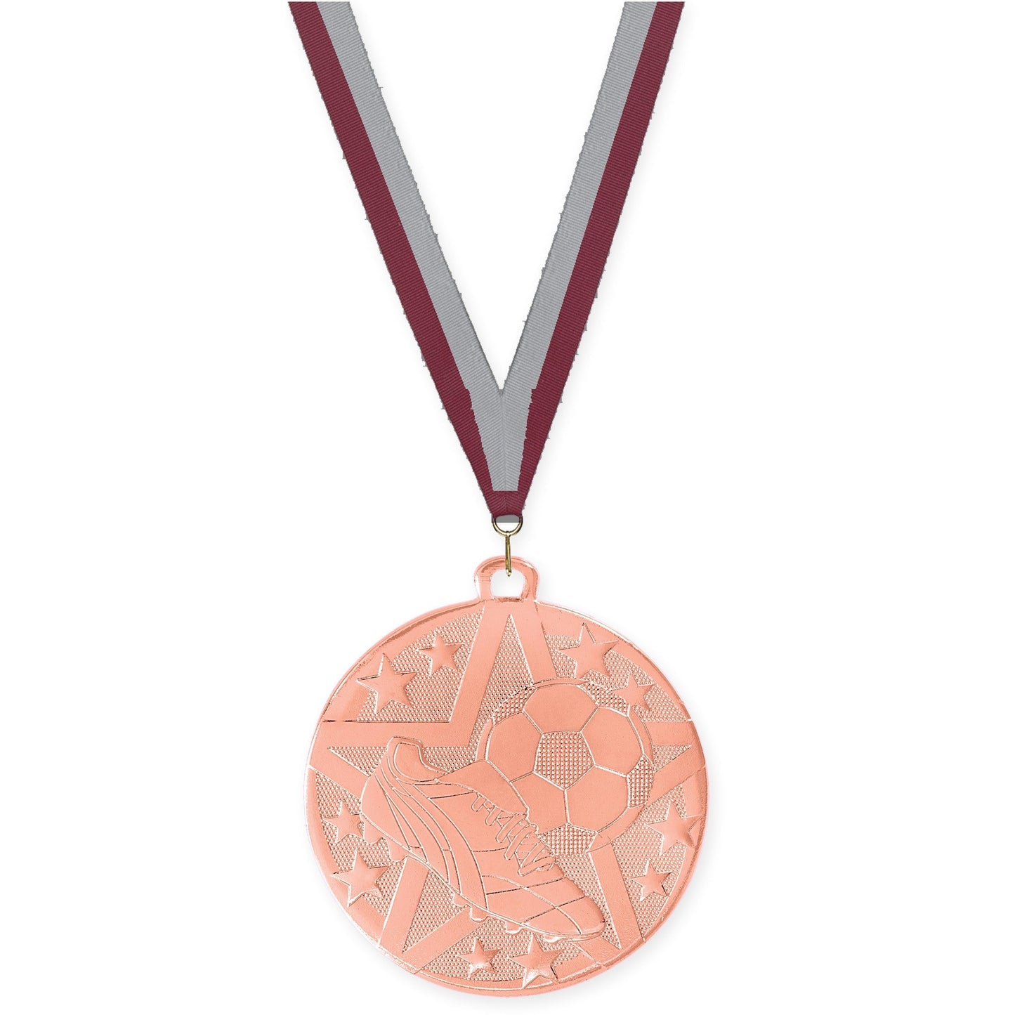 2 inch soccer Superstar medal in bronze with Maroon Gray neck ribbon