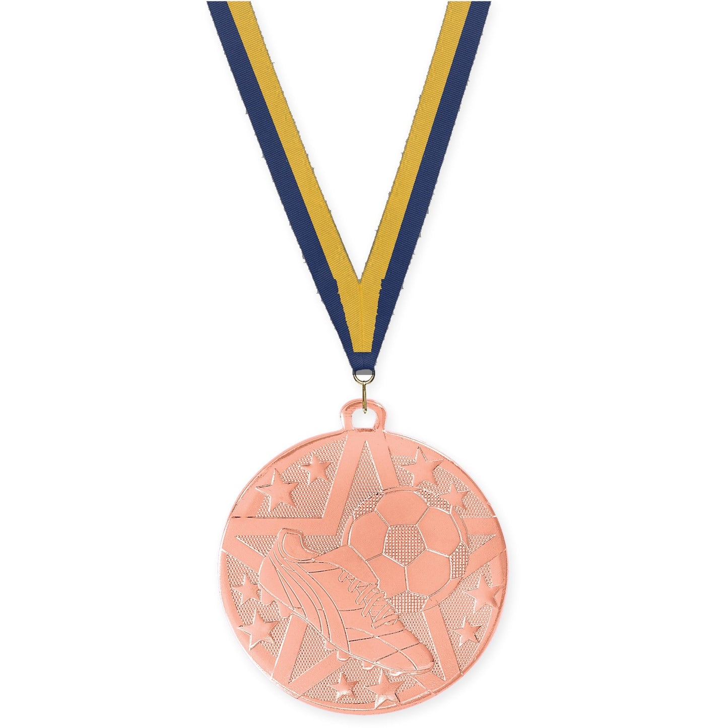 2 inch soccer Superstar medal in bronze with Navy Gold neck ribbon