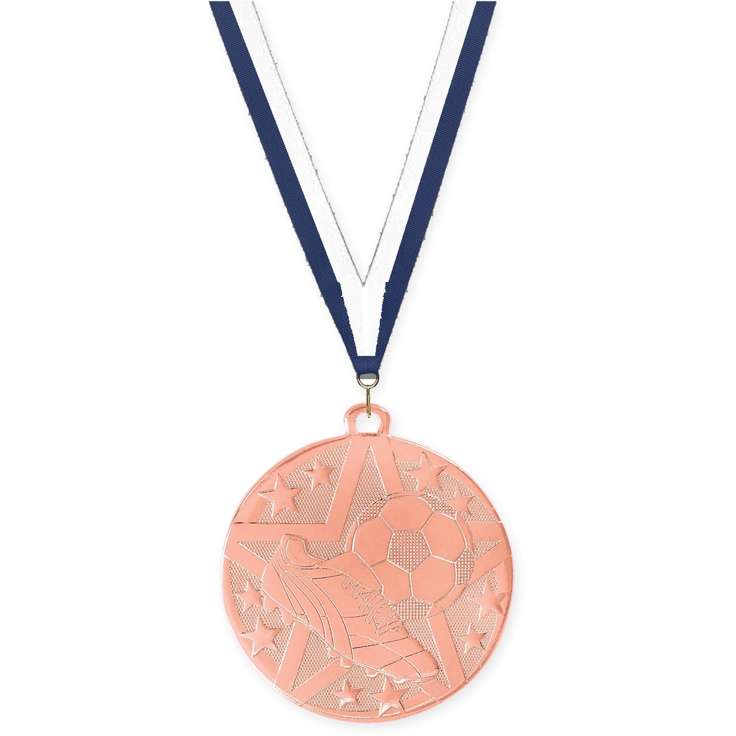 2 inch soccer Superstar medal in bronze with Navy White neck ribbon