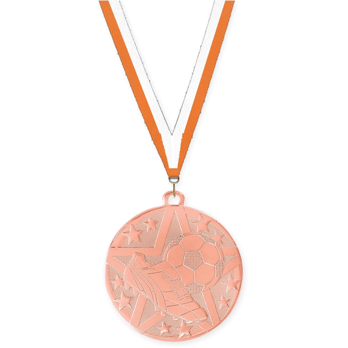 2 inch soccer Superstar medal in bronze with Orange White neck ribbon