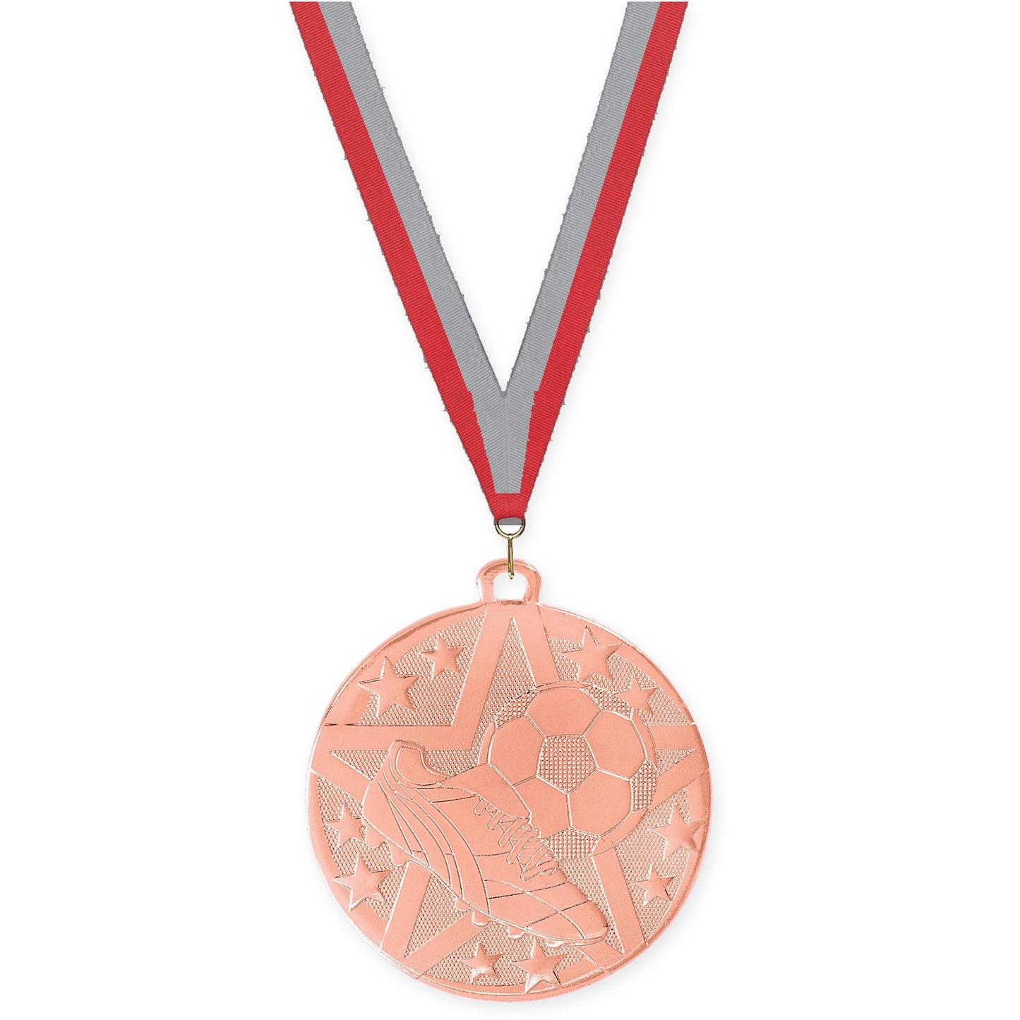 2 inch soccer Superstar medal in bronze with Red Gray neck ribbon