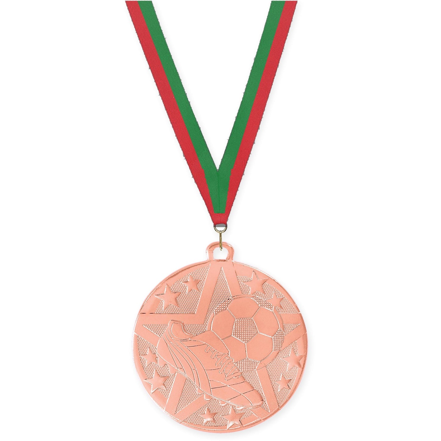 2 inch soccer Superstar medal in bronze with Red Green neck ribbon