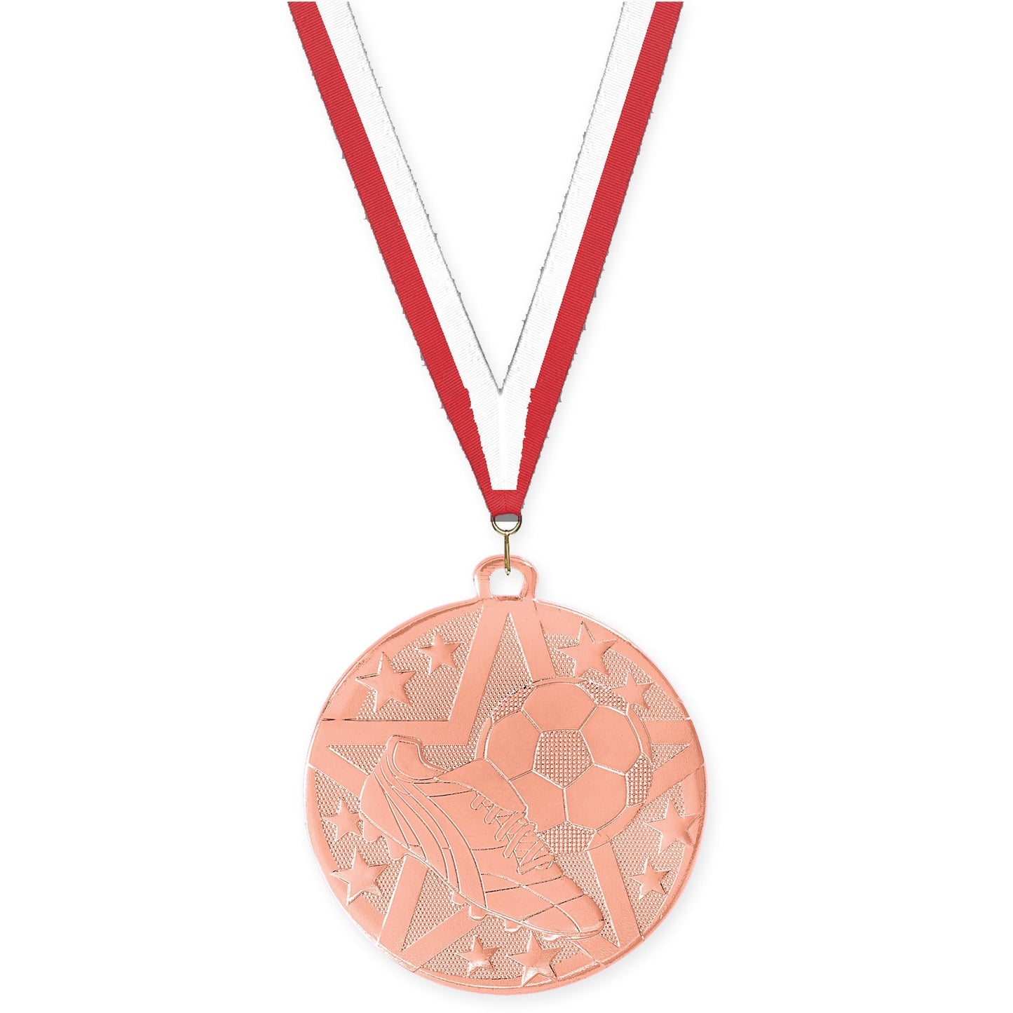 2 inch soccer Superstar medal in bronze with Red White neck ribbon