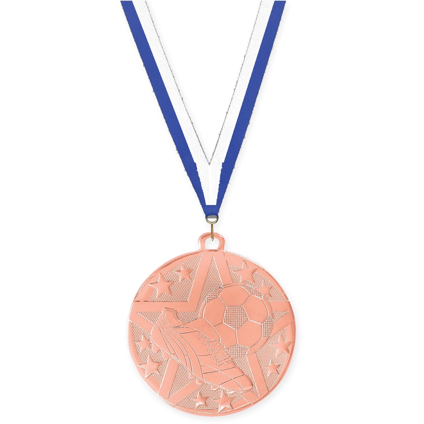 2 inch soccer Superstar medal in bronze with Blue White neck ribbon