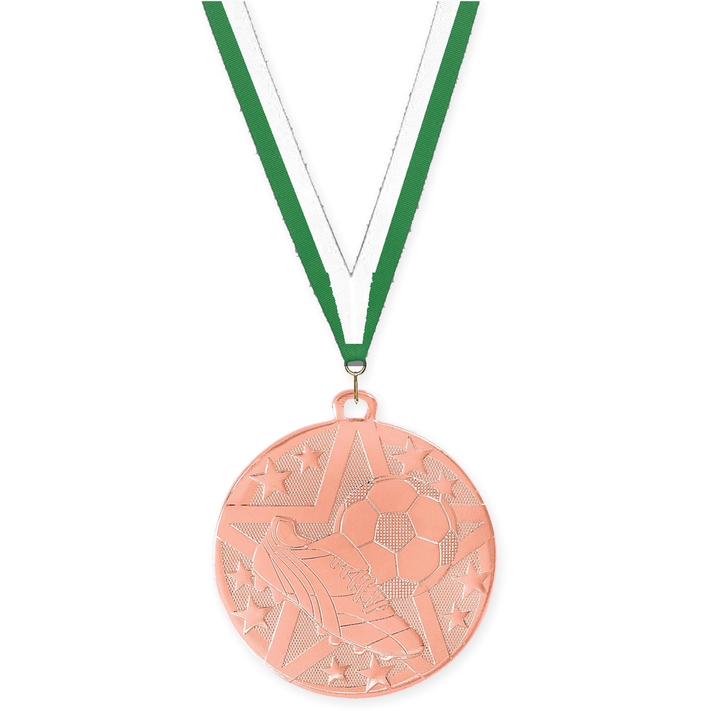 2 inch soccer Superstar medal in bronze with Green White neck ribbon
