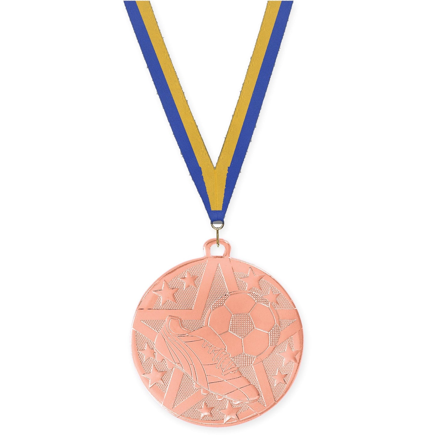 2 inch soccer Superstar medal in bronze with Blue Gold neck ribbon
