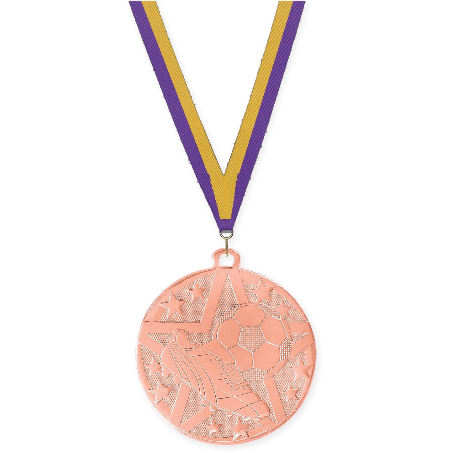 2 inch soccer Superstar medal in bronze with Purple Gold neck ribbon