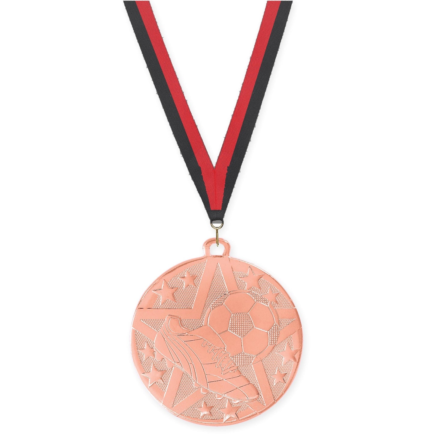 2 inch soccer Superstar medal in bronze with Black Red neck ribbon