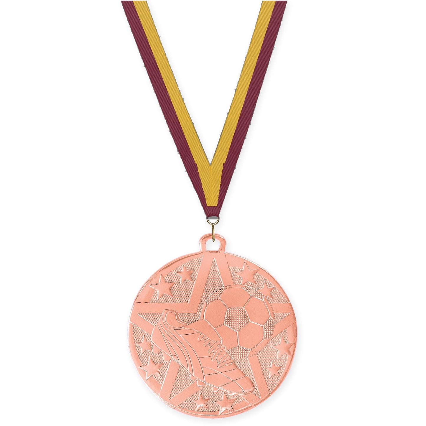 2 inch soccer Superstar medal in bronze with Maroon Gold neck ribbon