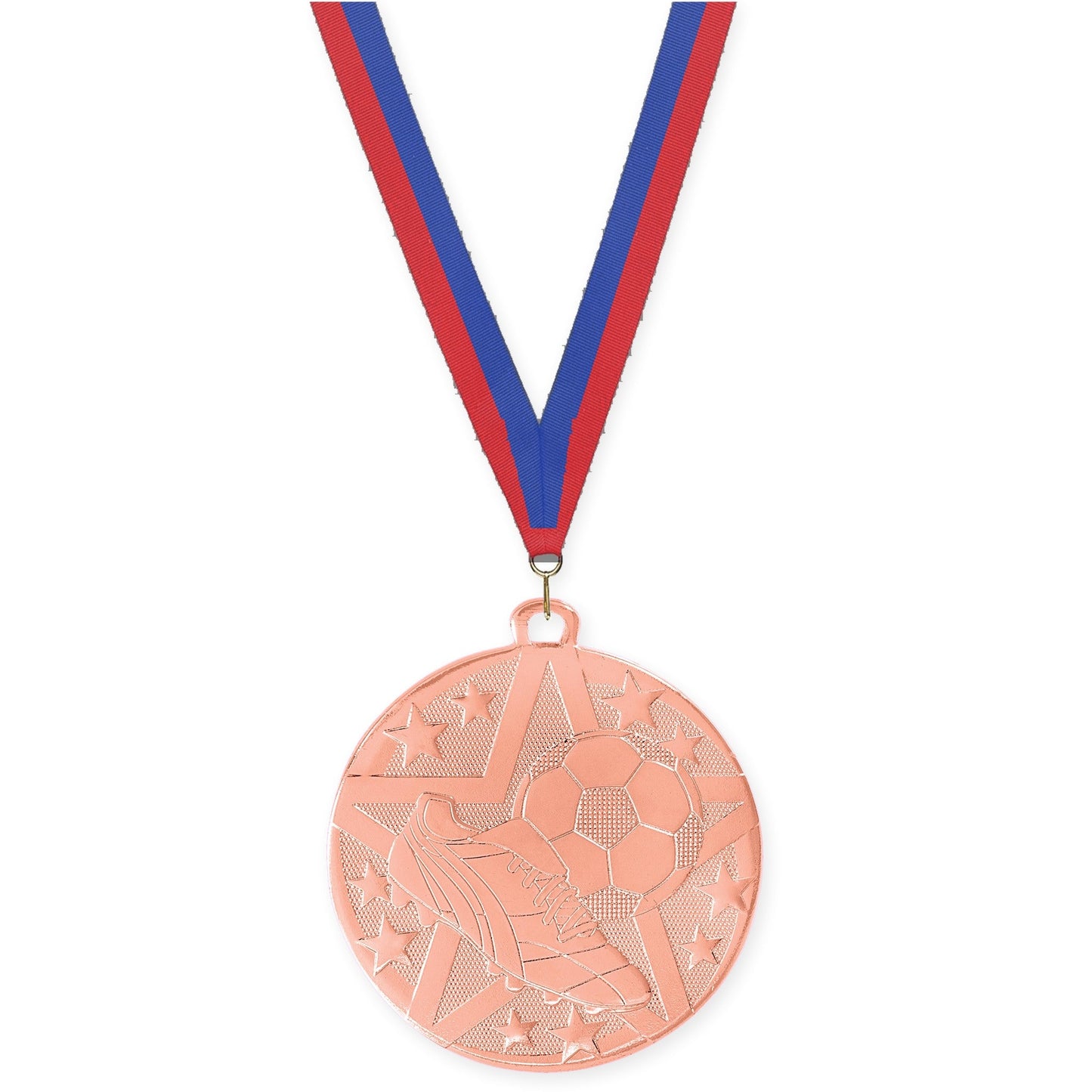 2 inch soccer Superstar medal in bronze with Blue Red neck ribbon