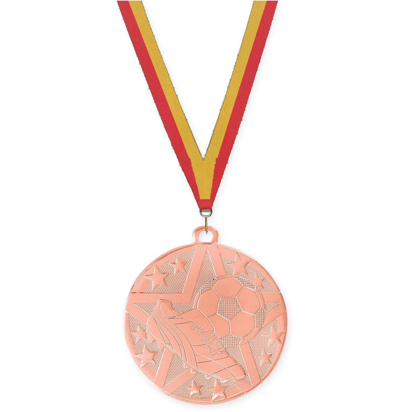 2 inch soccer Superstar medal in bronze with Red Gold neck ribbon